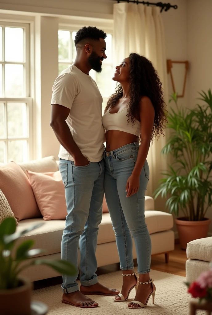 A tall African American woman with a crop top, long curly hair, and open toe wedges in her house, standing next to her husband. She is twice his size.