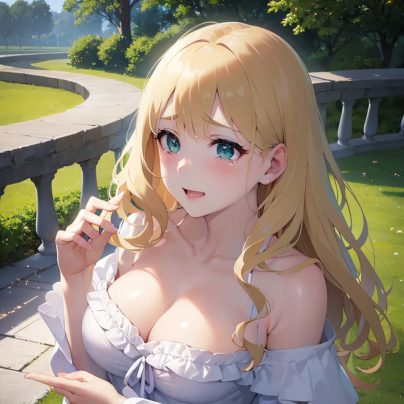 Shooting from above、hand on own cheek、looking up, Cleavage、Biologically correct five fingers、Upper Body, Realistic, real person, (pale skin: 1.2), RAW photo, photorealistic, shiny skin, shiny hair、(A 25-year-old woman with medium-length hair and bangs) and (wavy hair) and (Blonde Hair) and (green eyes) , BREAK (white) and (off shoulder blouse) BREAK 、 (embarrassed:1.5), (tears:1.1), smile, The background is a park、Alone、Are standing