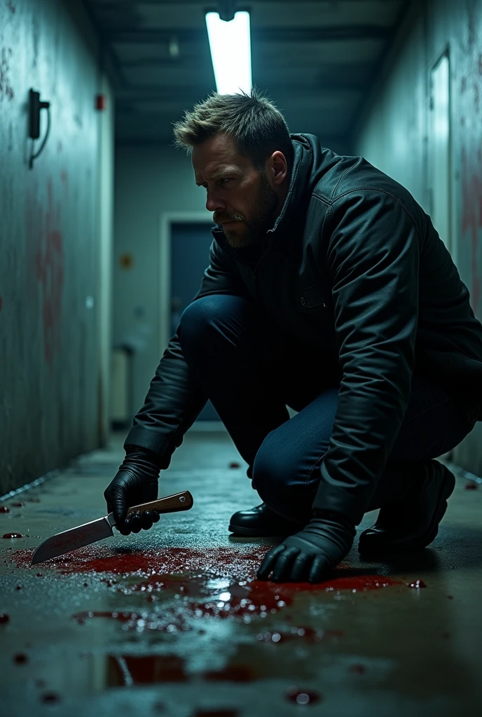 4k, ultra realistic, realistic, textured skin, crime scene, man, rated pg, body, bloody knife, investigating
