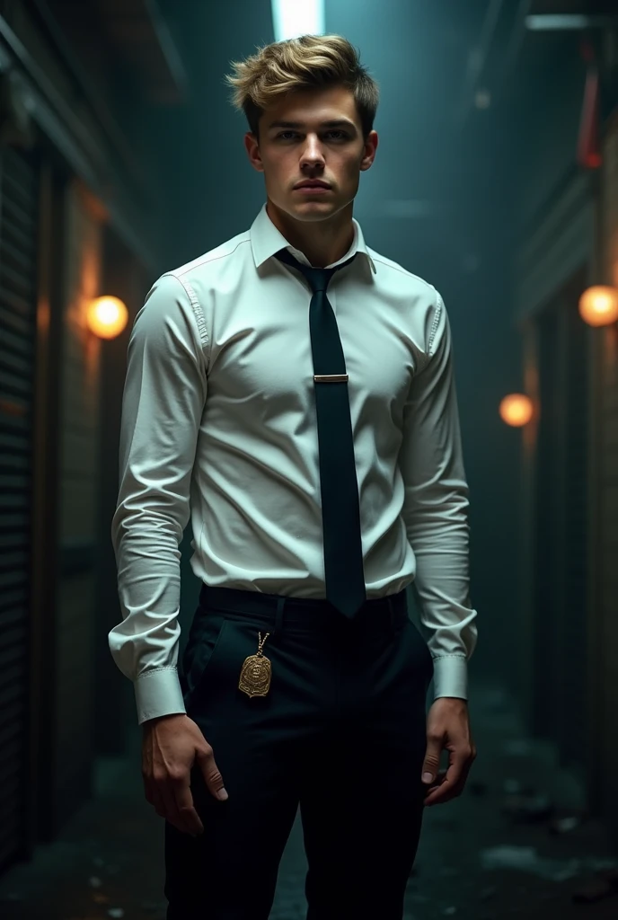 Show me Niall from One Direction wearing an FBI uniform against a dark background.