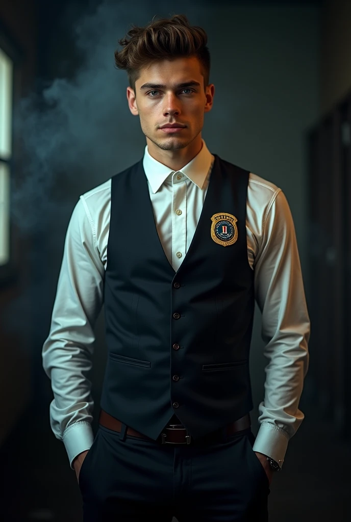 Show me Niall from One Direction wearing an FBI uniform against a dark background. 