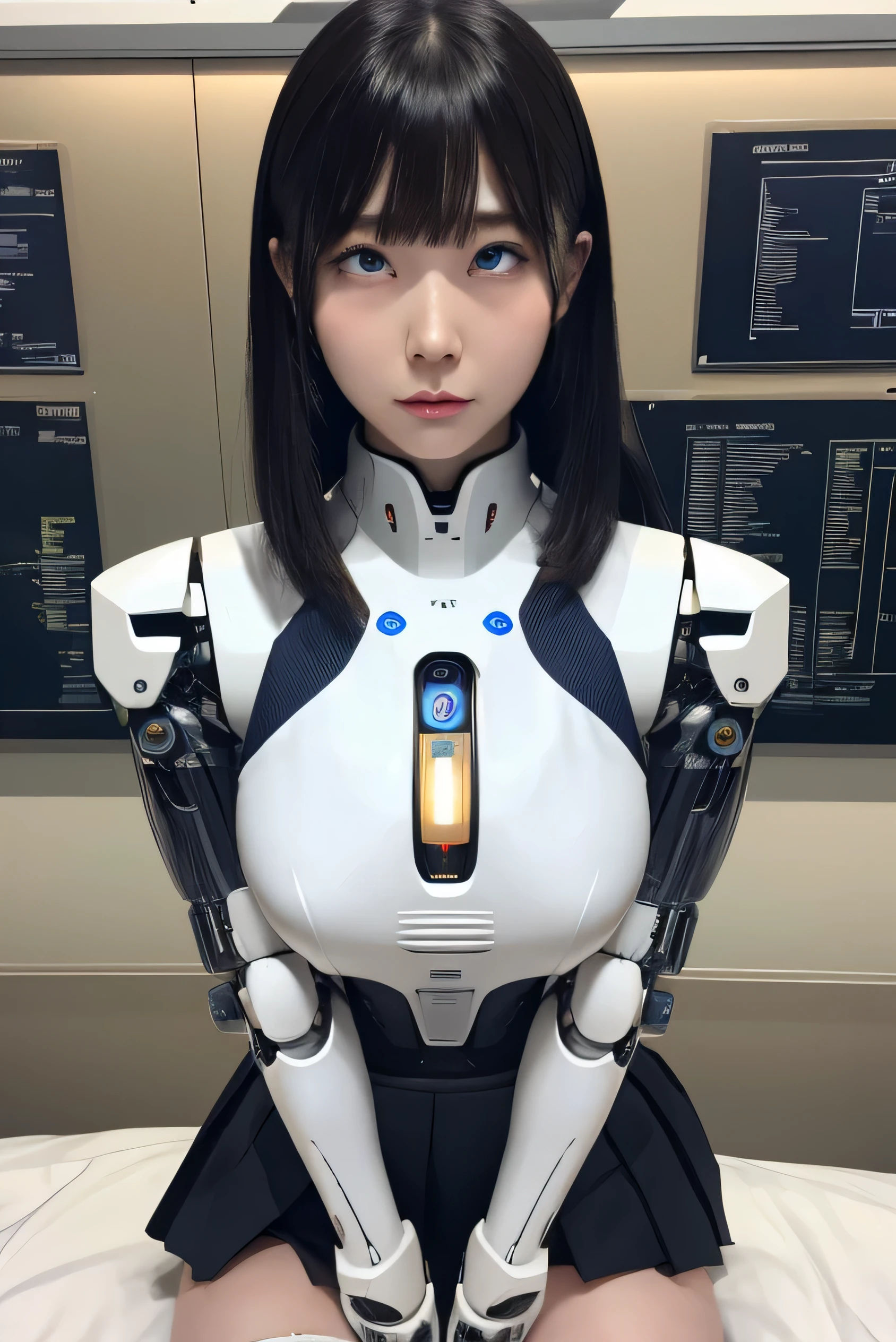 masterpiece, best quality, extremely detailed, Japaese Cyborg Girl,Plump ,navy pleated miniskirt,black tights,control panels,android,Droid,Mechanical Hand, ,clothes with a sense of mechanical technology, Robot arms and legs, Black Robot Parts,Black hair,Mechanical body,Blunt bangs,White abdomen,White robotics parts,tube dress,perfect robot woman,future laboratory,cyber pank,charging spot,android factory,robot factory,cyborg factory,long tube,thick cable connecting her neck,ceramic body ,blue eyes,smechanical body, android,robot humanoid,rolling eyes