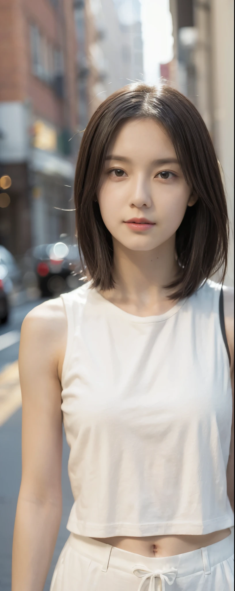 ((top-quality, 8K, ​masterpiece:1.3)), sharp focus:1.2, Beautiful Women in Perfect Style:1.4, Slender Abs:1.2, full body, wearing sleeveless shirts wide long pants, ((weavy dark brown short hair:1.2)), (natural soft light, City Street:1.1), Highly detailed facial and skin texture, A detailed eye, double eyelid, uniform, Female, 24 years old