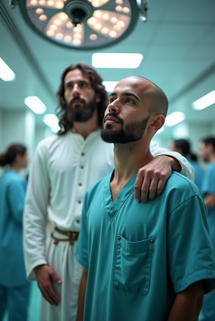 A young bald man at the entrance to the operating room of a hospital accompanied by Jesus, it should be noted that it is a hospital. 
 