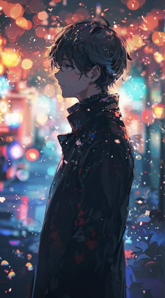(((Japanese anime))),high quality, amount of drawing, pixiv illustration, An attractive young European man standing under dazzling illuminations on a winter night. He is wearing an elegant black coat, with the lights of the illuminations reflecting in his eyes. In the background, there’s a fantastical landscape woven with colorful lights. The scene has a mysterious and romantic atmospher