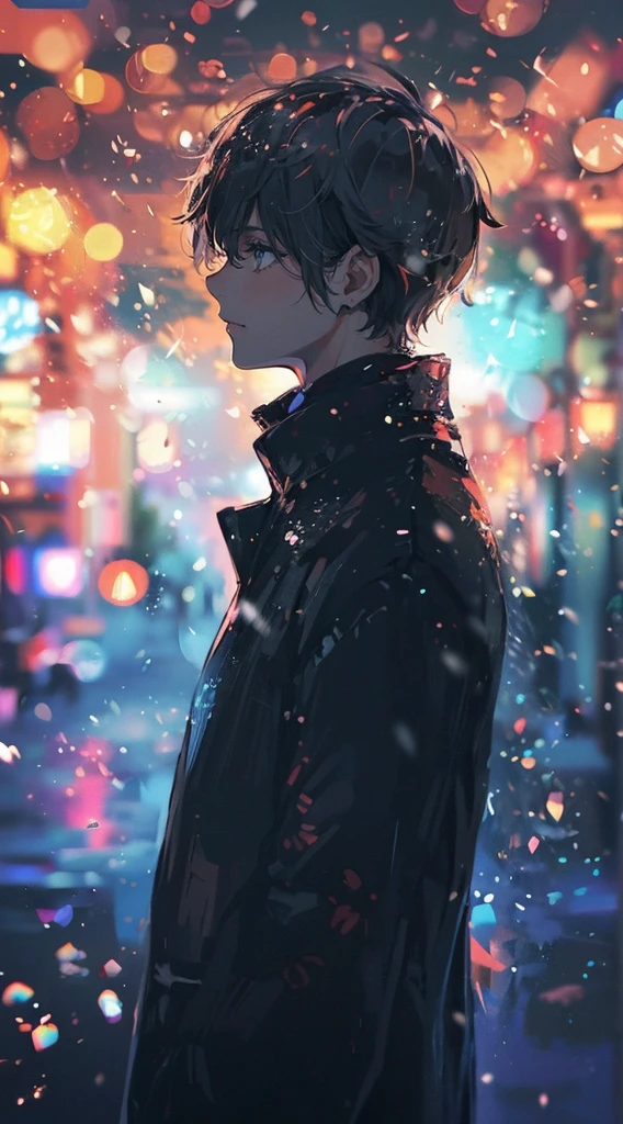 (((Japanese anime))),high quality, amount of drawing, pixiv illustration, An attractive young European man standing under dazzling illuminations on a winter night. He is wearing an elegant black coat, with the lights of the illuminations reflecting in his eyes. In the background, there’s a fantastical landscape woven with colorful lights. The scene has a mysterious and romantic atmospher