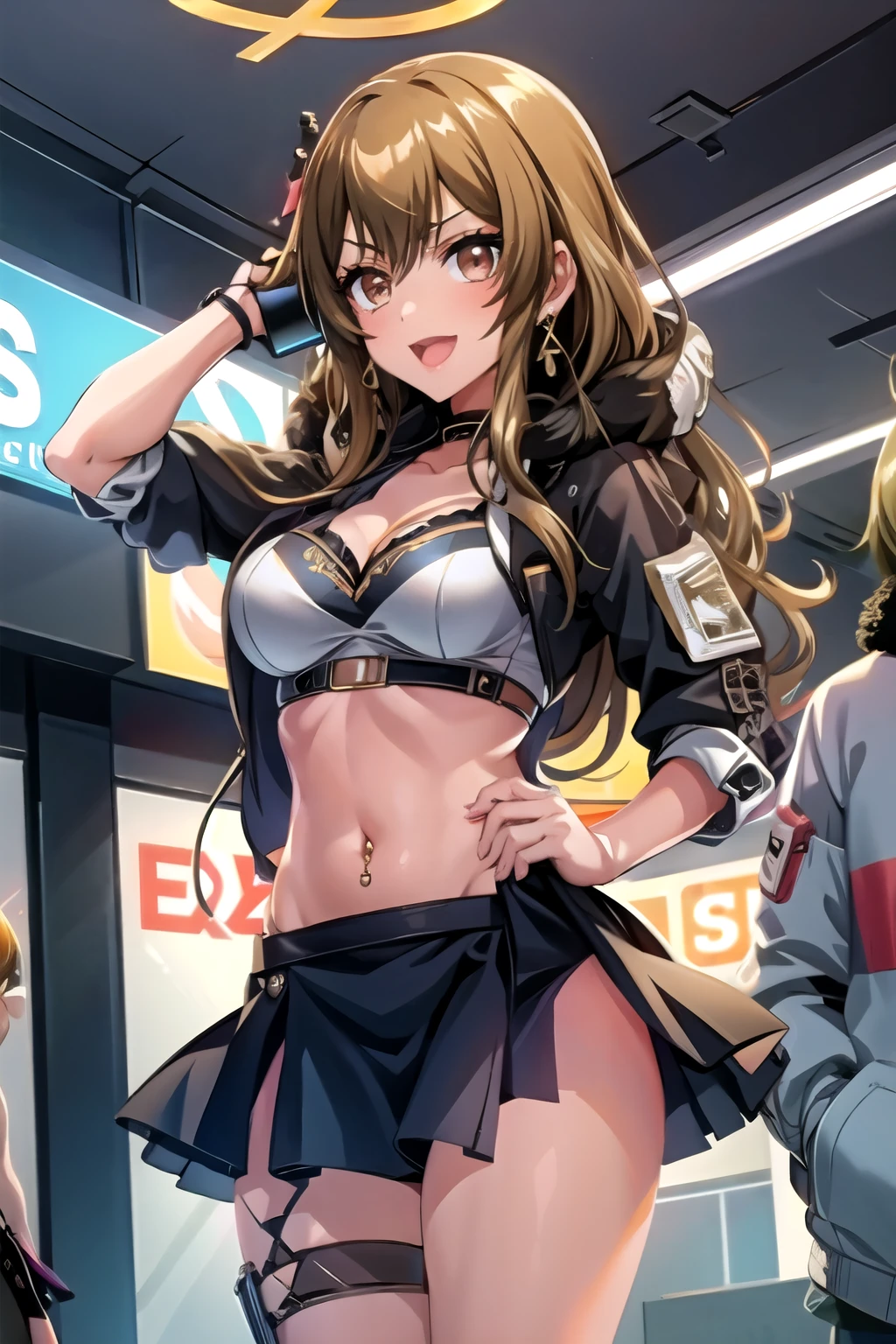 1girl, perfect face, wide hips, narrow waist, solo , KyokoDj, headpones around neck, bangs, brown eyes, long hair,brown hair, seductive smile, mall, shopping center,indoors, blush, lipstick, jewelry, earrings, Hot girl, baddie, mean girl, sensual, attractive, masterpiece, best quality, highly detailed, a girls with a gun, open mouth, blazer, sexy gaze, (nsfw) not
safe for work, badass pose , evil smile, smile, black bra, anime girl with long hair, long haired girl,
navel, evil expression, exposed belly, exposed navel, exposed midriff, exposed lower belly, micro
miniskirt, micro pencil skirt, pencil skirt ,holding a gun, holding pistol, navel piercing