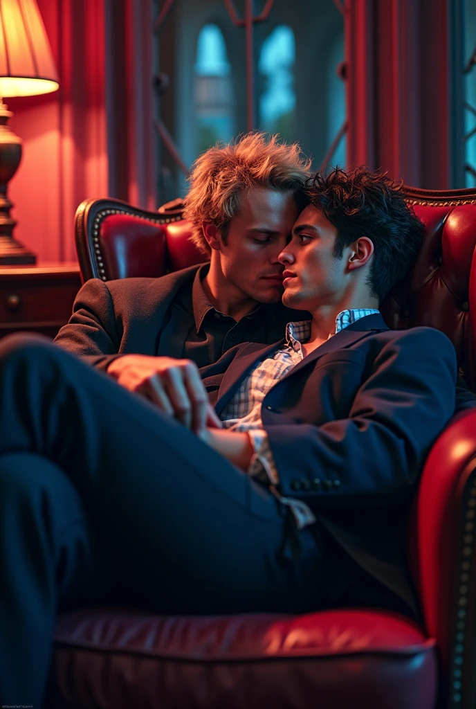 Create a cover for a book on Wattpad that contains the following:: He should be a little realistic and should have a blonde, blue-eyed mobster sitting in a chair with a face of excitement and a 25-year-old man sitting on his lap, looking into each other's eyes.