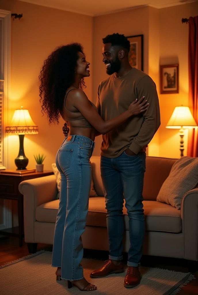 A tall African American woman with a crop top, long curly hair, and open toe wedges in her house, standing next to her husband. They are the same height.