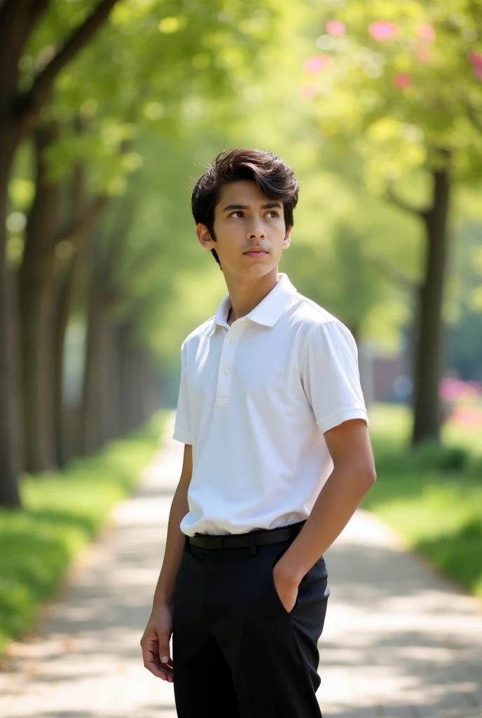 Male Teen in white polo tucked in black trousers