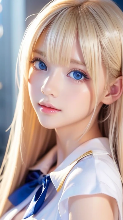 Very beautiful Super long straight silky platinum blonde hair、とてもbeautiful北欧の、The ultimate beautiful blonde girl、alone, blonde hair above eyes、片blonde hair above eyes、Blonde hair between the eyes、realistic photo quality、Extraordinary sexy beauty、Extremely white, Shiny, Smooth, glowing skin、beautiful Bangs、Silky, Shiny, Super long, Dazzling blonde hair、A very perfect, cute, beautiful and sexy young  woman、very perfect and beautiful and cute face、beautiful, clear, big, Bright Blue Eyes、Large Breasts、school uniform、Sailor suit、Cheek Gloss Highlighter、Small Face Beauty、Round face