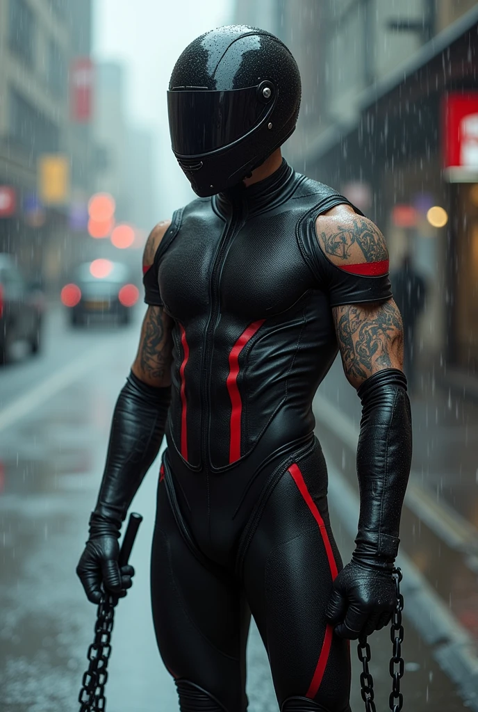 A superhero with a red motorcycle helmet on wearing his own unique black super hero suit with black stripes and cut off sleeves. His arms have many tattoos and he holds a red katana. he is standing in a rainy background