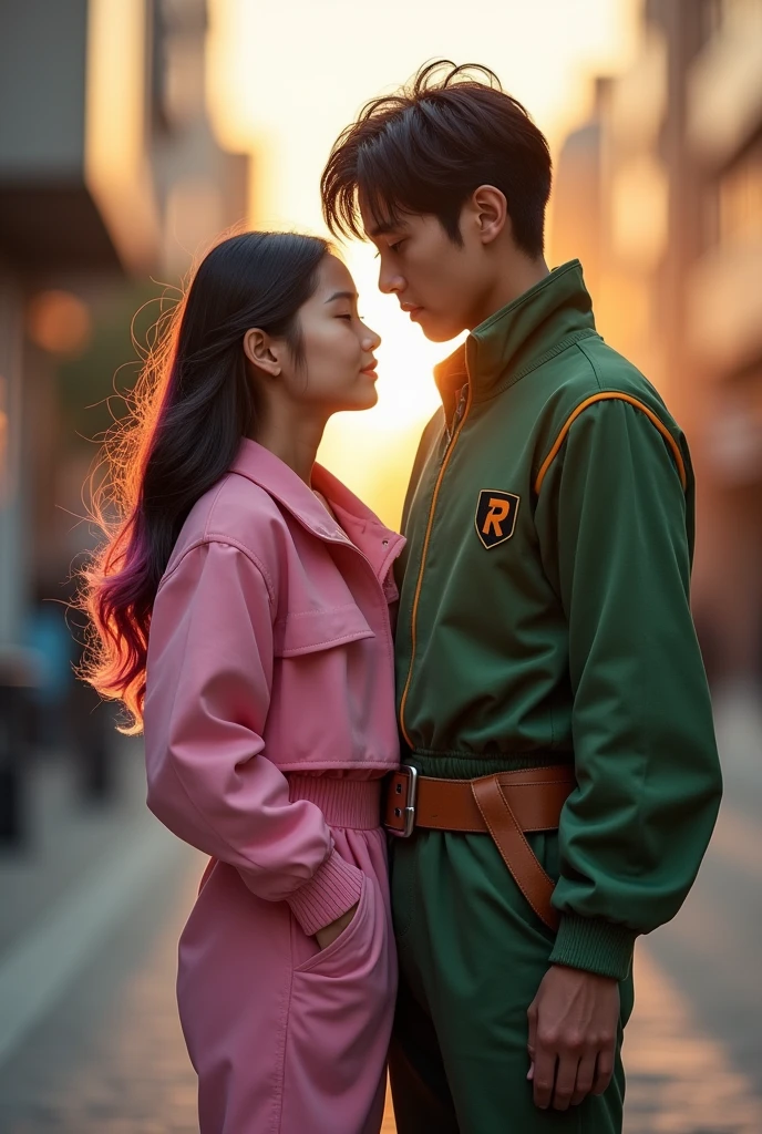 raising an Asian girl with a masculine Asian boy who is much taller than the girl. side-by-side, wearing pink and purple Estelar clothes, with dark pink hair on the girl and for the boy wearing Robin clothes, without glasses. Starfire and Robin are from Teen Titans, the image has to be realistic, as if it were a photo. The two being adult boyfriends.