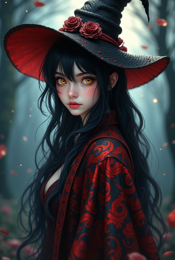A woman with the features of a black and red scaled serpent. The woman has black hair and golden eyes. The woman wears a witch's hat, a cloak adorned with red details. In the anime style and full body.