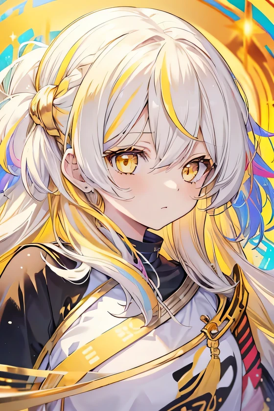 girl, cute anime girl, white hair, hair in a braid on the side, long hair, messy hair, wavy hair, yellow eyes, (((Best Quality: 1.4))), (((golden Colorful: 1.3)))
