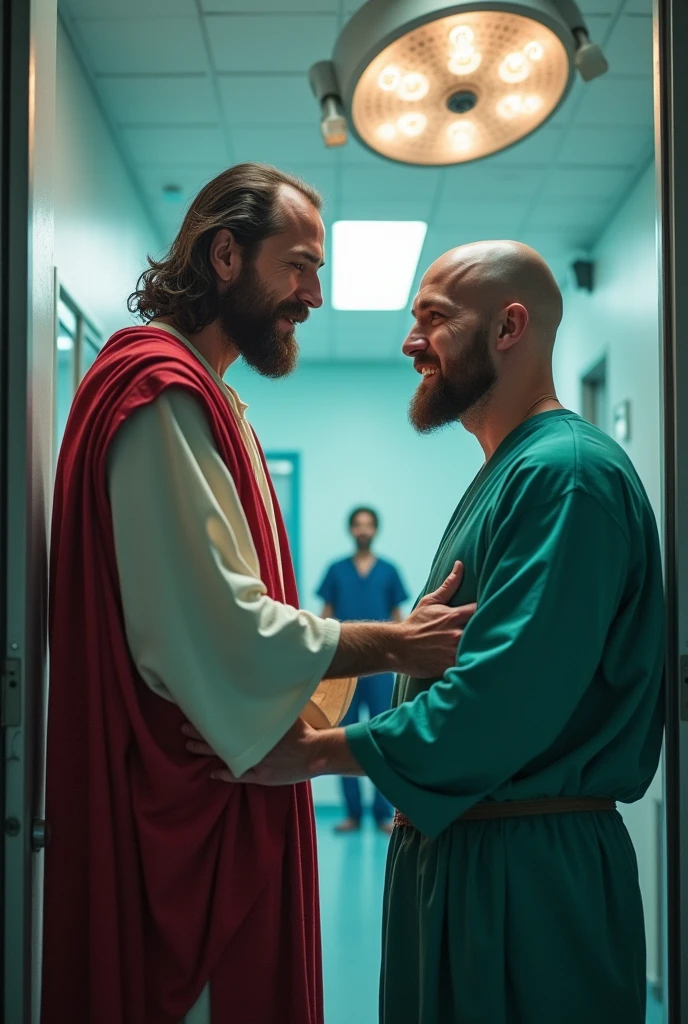 A young bald man at the entrance to the operating room of a hospital accompanied by Jesus, it should be noted that it is a hospital.