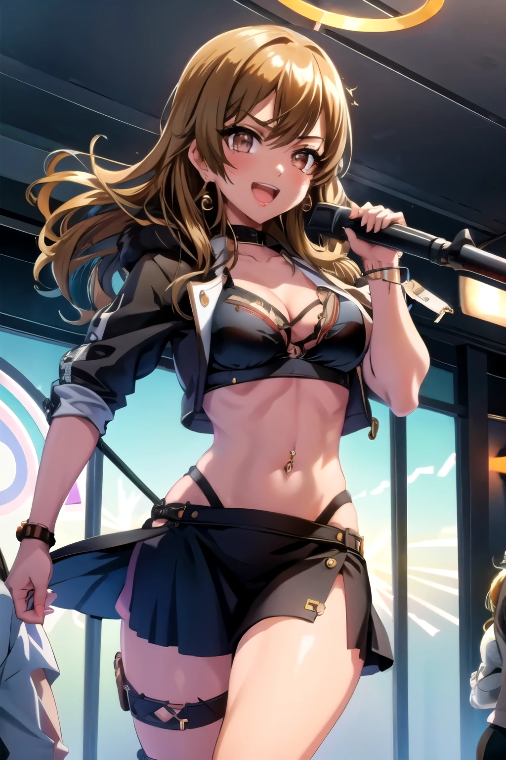 1girl, perfect face, wide hips, narrow waist, solo , KyokoDj, headpones around neck, bangs, brown eyes, long hair,brown hair, seductive smile, mall, shopping center,indoors, blush, lipstick, jewelry, earrings, Hot girl, baddie, mean girl, sensual, attractive, masterpiece, best quality, highly detailed, a girls with a gun, open mouth, blazer, sexy gaze, (nsfw) not
safe for work, badass pose , evil smile, smile, black bra, anime girl with long hair, long haired girl,
navel, evil expression, exposed belly, exposed navel, exposed midriff, exposed lower belly, micro
miniskirt, micro pencil skirt, pencil skirt ,holding a gun, holding pistol, navel piercing