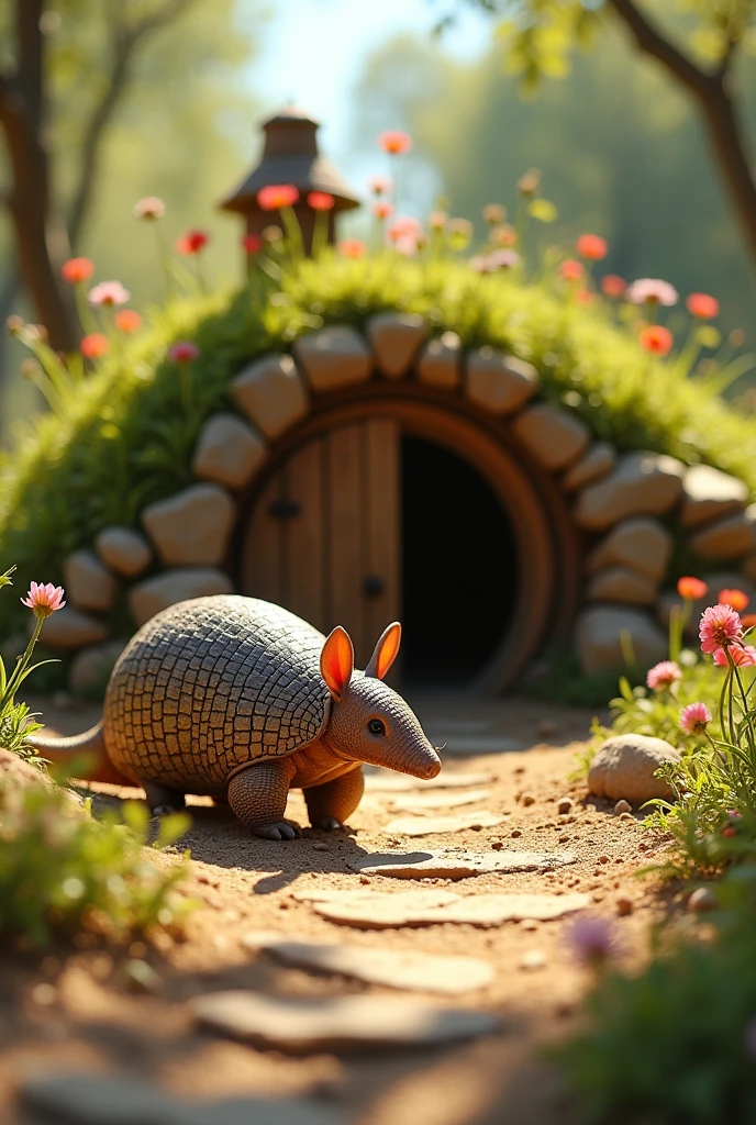 An armadillo near a house that was built underground
