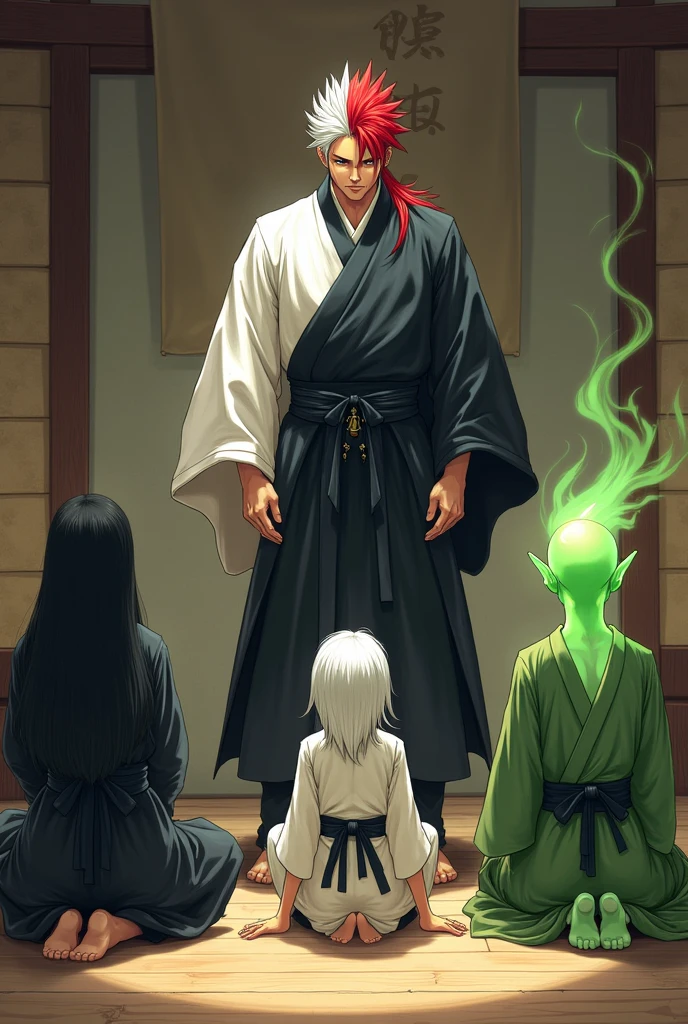 Make a sensei a tall man with white and red hair, with black and white samurai style clothing, and also a group of students kneeling , a tall man with long black samurai-style hair, a man with short, combed white hair , a white haired woman, and a green humanoid being with a green aura , green fire , all in medieval style student clothing in black and white and a green tunic 