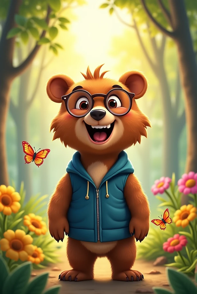 GENERATE AN AVATAR WITH DIFFERENT EXPRESSIONS, MEANING LAUGHING, HAPPY, ETC.. Let him be a bear with glasses and a blue vest and brown hair. 
