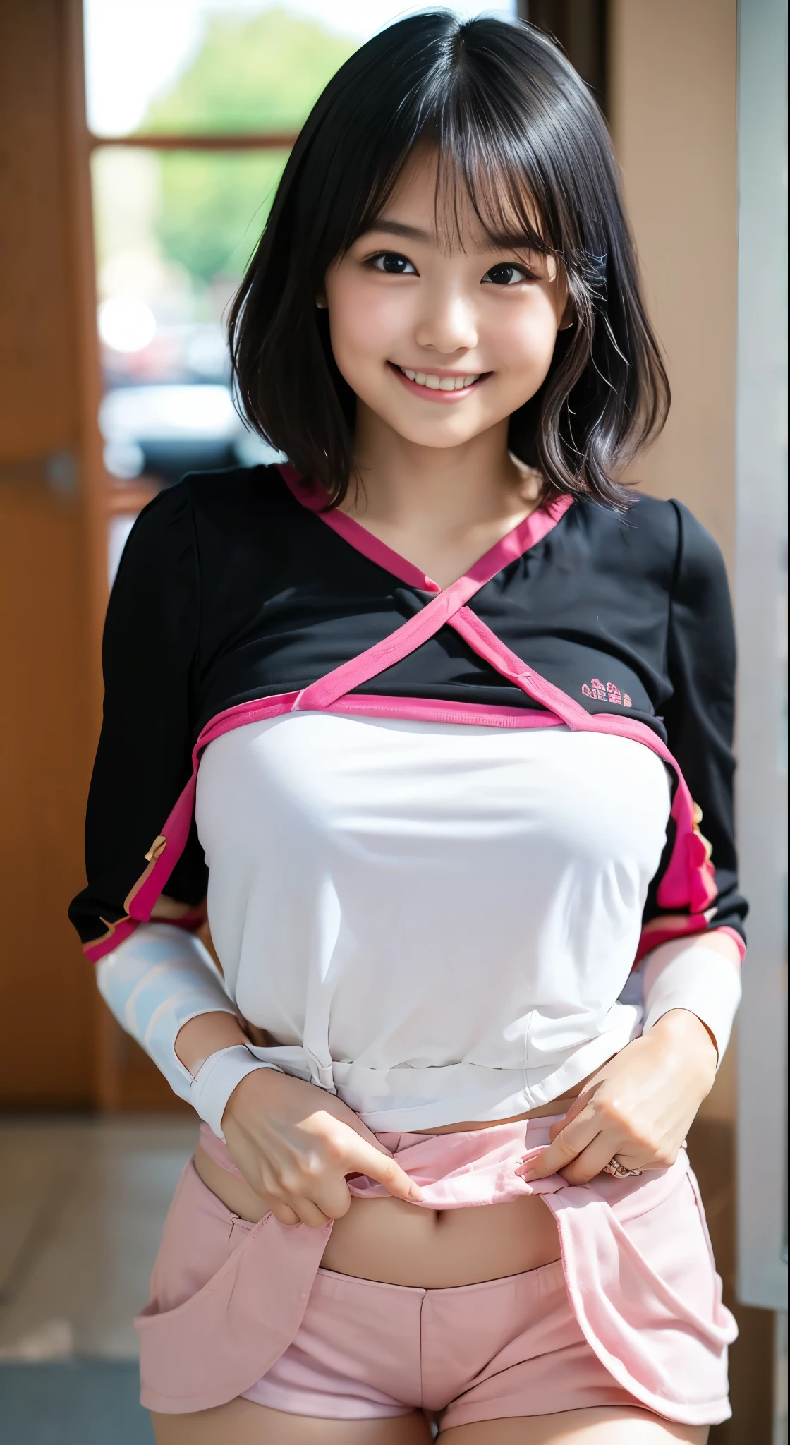 (8k、Raw photography、Highest quality、masterpiece:1.2),(Black Hair、Dark Eyes:1.9),(:1.7)、View your viewers,Front view,White skin,(Pink Ranger:1.4)、(Tight waist:1.6)、(Clothes that accentuate the shape of the breasts:1.4)、(Big Breasts :1.6)、Slim figure、Ultra-high resolution,beautiful,beautiful fece,(One person、No background:1.9),whole bodyボディー,Japanese women,(reality的:1.37)、Photon Mapping,reality、(Baby-faced and cute: 1.4)、(Cute Smile: 1.8)、(Round face: 1.8)、Radio City、Physically Based Rendering、Depth of field rally background、photograph, (I can see your knees、Thigh close-up:1.8),(:1.6),whole body、Great quality