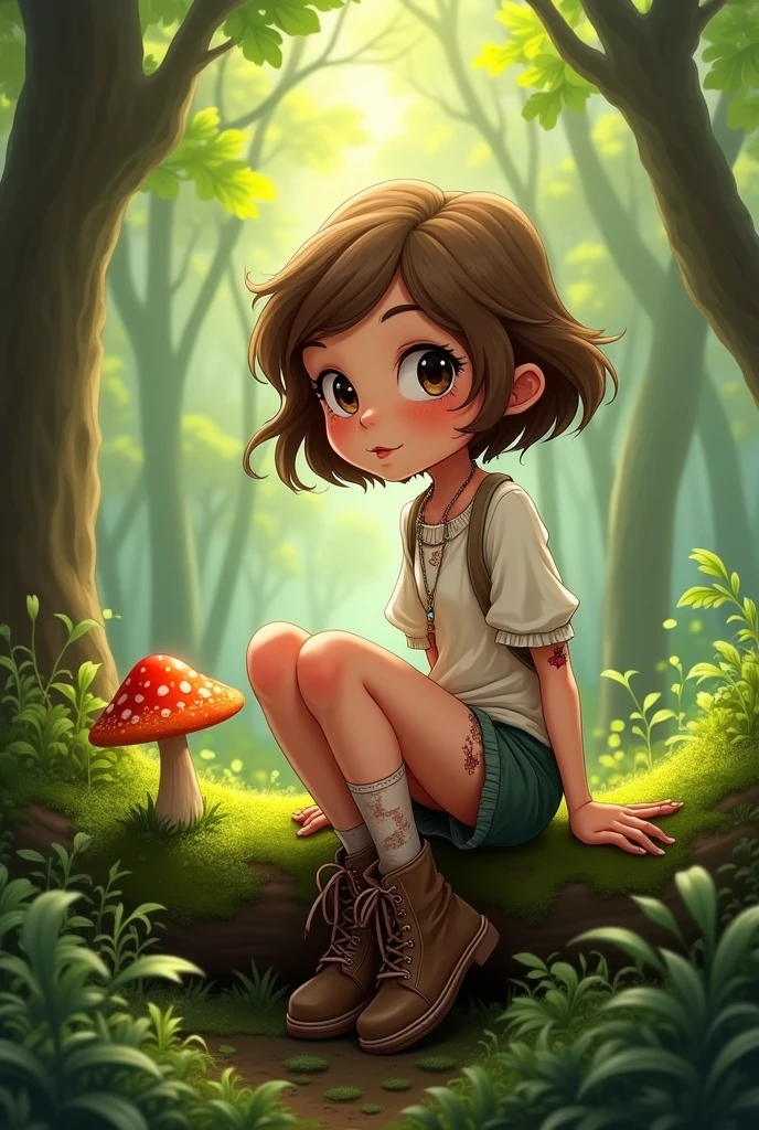 (Caricatura Gravity falls), Female gender, Short wavy light brown hair,He has freckles, big, black eyes, scars on his leg and a bandage around his forearm. Is Small, thin girl with medium-sized hips, is sitting on a log in the forest looking at a mushroom, She wears a loose white blouse with straps a little dirty from the soil of the forest, A dull green half-ripped minishort, Brown boots.
And she's not wearing a bra so her nipples are half visible through her blouse. (very feminine)
She is a 15-year-old teenager.