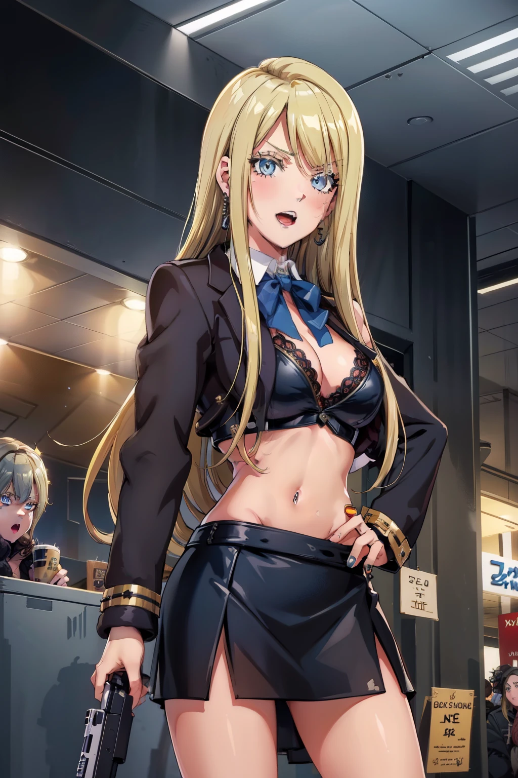 1girl, solo, blonde hair, blue eyes, long hair, large breasts, solo, mall, shopping center,indoors, blush, lipstick, jewelry, earrings, Hot girl, baddie, mean girl, sensual, attractive, masterpiece, best quality, highly detailed, a girls with a gun, open mouth, blazer, sexy gaze, (nsfw) not
safe for work, badass pose , evil smile, smile, black bra, anime girl with long hair, long haired girl,
navel, evil expression, exposed belly, exposed navel, exposed midriff, exposed lower belly, micro
miniskirt, micro pencil skirt, pencil skirt ,holding a gun, holding pistol, navel piercing