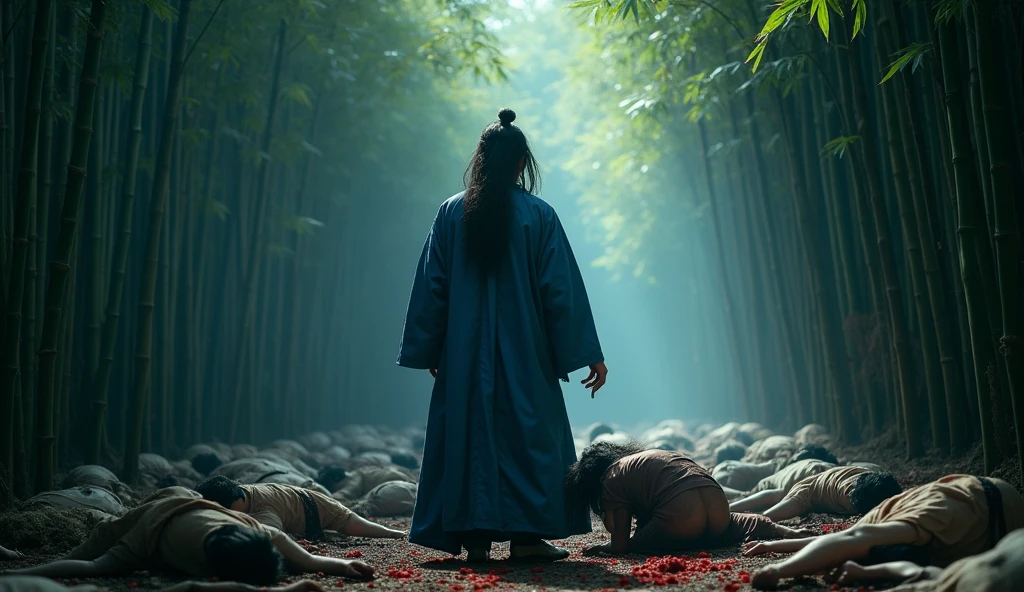 A lone assassin, a man with long, messy hair. wearing a dark blue traditional Korean clothing, carrying a long sword, There are 100 male corpses scattered randomly, covered in blood.. Holding onto the hair of a living person who is kneeling. Realistic.. set against the backdrop of a bamboo forest