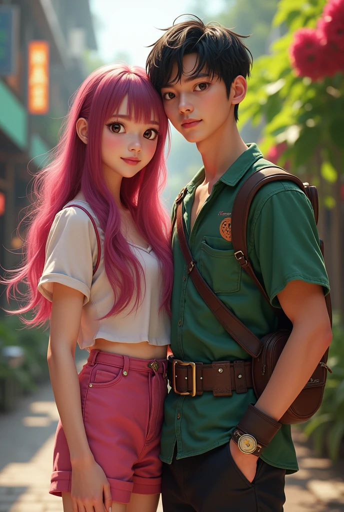 raising an Asian girl with a masculine Asian boy who is much taller than the girl. side-by-side, wearing pink and purple Estelar clothes, with dark pink hair on the girl and for the boy wearing Robin clothes, without glasses. Starfire and Robin are from Titans, the image has to be realistic, as if it were a photo, facing the front. The two being adult boyfriends.