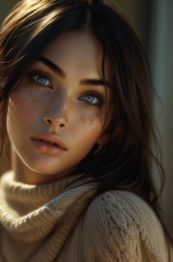Megan Fox, ultra-detailed eyes, knit sweater, (((masterpiece, ultra-detailed face))).