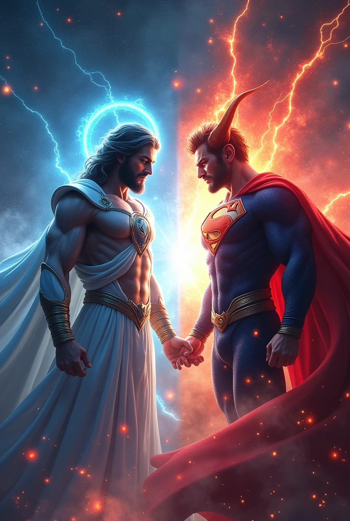 Jesus in a Vegeta suit vs the devil in a Superman suit