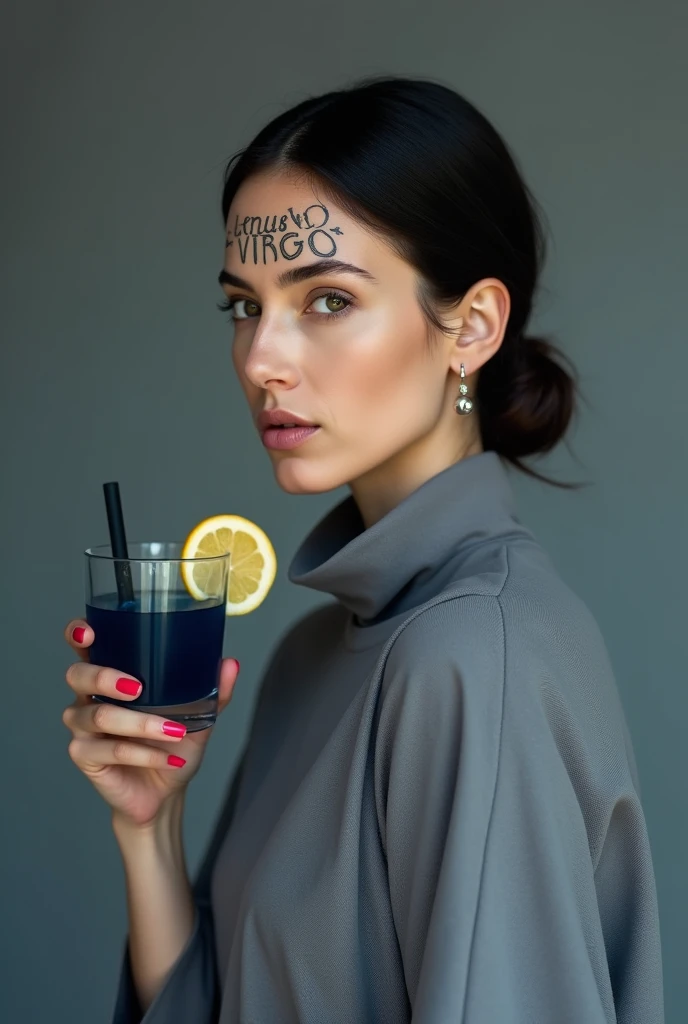 a woman with very delicate features, but at the same time austere and closed. slightly long nose, very thin lips, focus from the waist up, she is wearing a chromatic garment that covers her up to the neck. very minimalist earrings. she holds a glass with a navy blue drink and a slice of lemon. on her forehead is tattooed the words: Venus in Virgo. the very cold and gray scenery