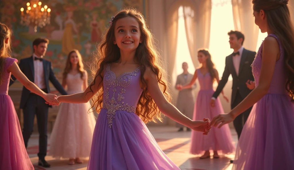 nine-year-old princess, long brown hair, Caucasian skin, lightbrown eyes, lilac princess dress, peaceful and simple life, castle, Princes and princesses, dances and parties