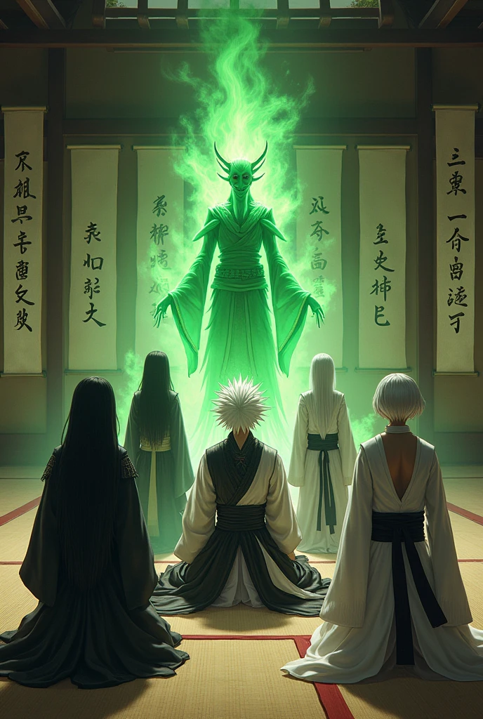 Make a sensei a tall man with white and red hair, with black and white samurai style clothing, and also make them kneel , a tall man with long black samurai-style hair, a man with short, combed white hair , a white haired woman, and a green humanoid being with a green aura , green fire , all in medieval style student clothing in black and white and a green tunic