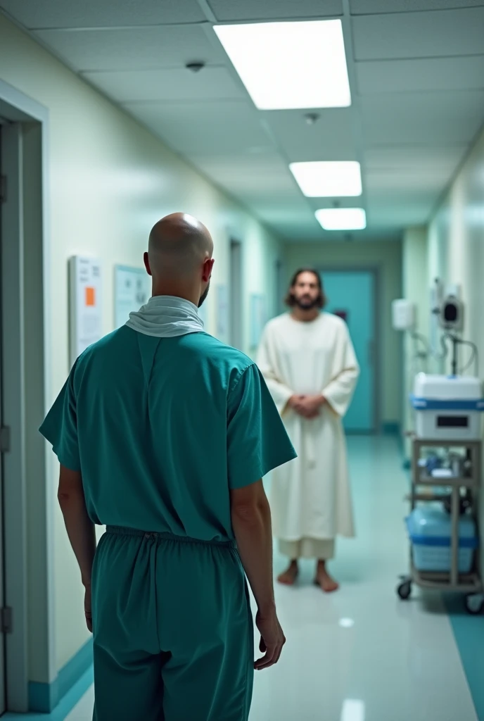 A young bald man standing at the entrance of the operating room in a hospital accompanied by Jesus. It should be noticeable that it is a hospital.
