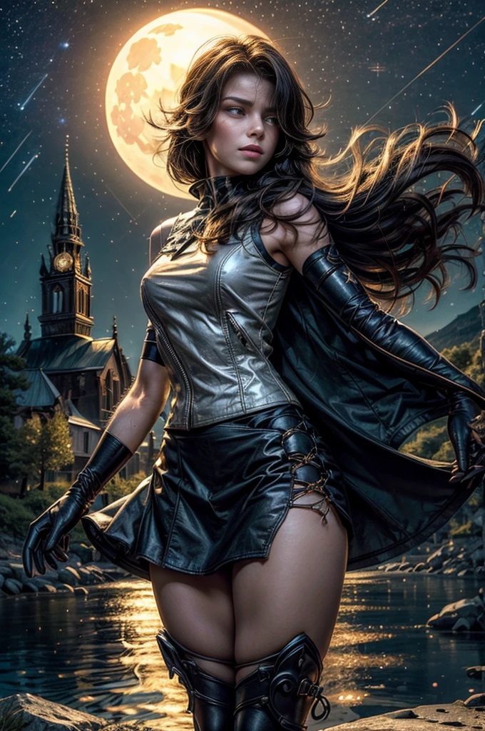 (masterpiece, best quality:1.2), cowboy shot, solo, 1girl, cinder fall, looking at viewer, long hair,black dress, elbow gloves, pantyhose, holding flames, near gothic church, on hillside, mountains in distance, waterfall, crowd, night, stars, moon (volumetric lighting), sharp focus, hyper detailed 