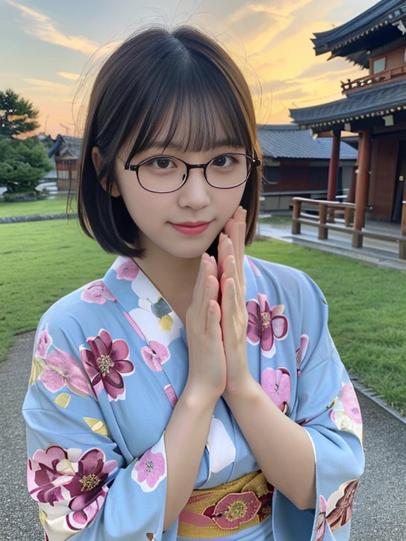 (Dressed in beautiful and colorful kimonos、Close-up portrait of a woman with short hair and blunt bangs wearing glasses:1.5)、(A woman praying with her eyes open in a rural area of Osaka:1.5)、(A shrine in Japan with a winter sky:1.5)、(Perfect Anatomy:1.3)、(No mask:1.3)、(Full Finger:1.3)、Age 35、Slightly upturned、Married Woman Style、cute、Realistic、photograph、Tabletop、Highest quality、High resolution, Delicate and beautiful、Perfect Face、Beautiful attention to detail、Fair skin、Real human skin、pores、((Thin legs))、(Brown Hair)、(zoom)