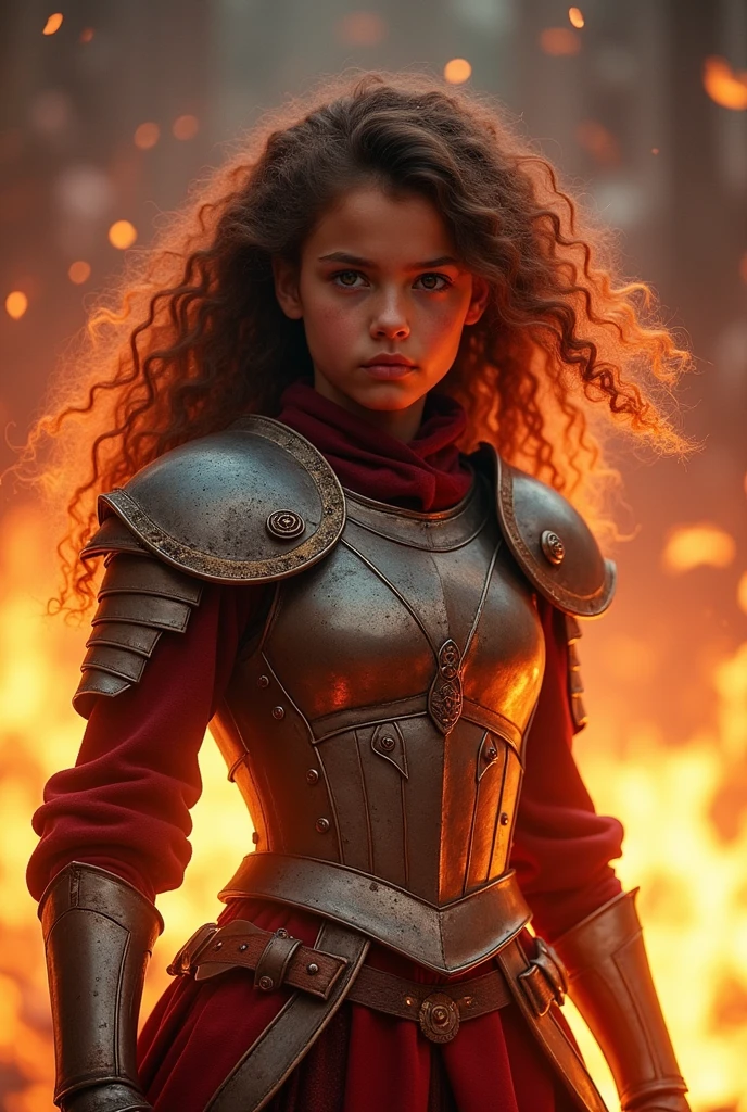 girl with brown curly hair wearing armor on fire