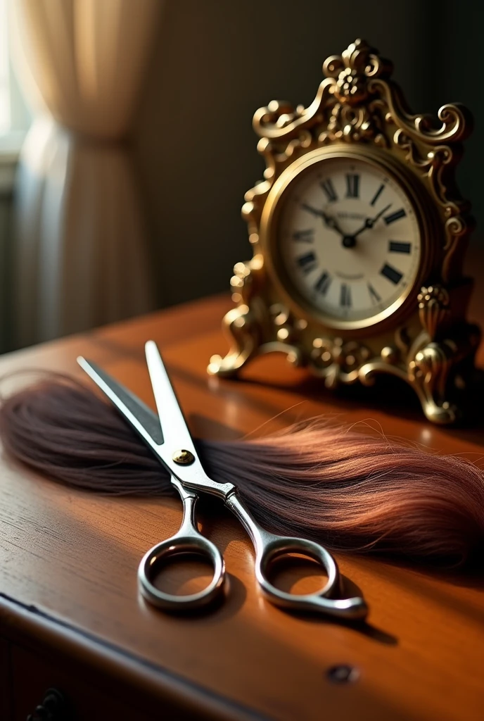 A pair of hair cutting scissors and an antique clock