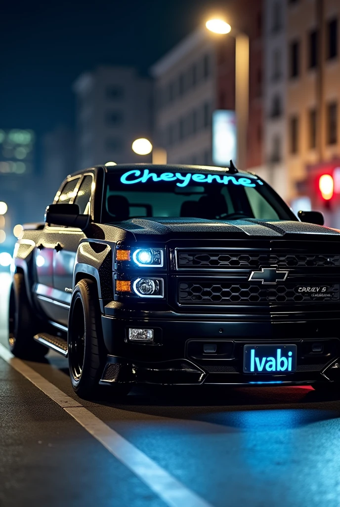 Animated cool image of a 2014 Chevy Silverado all black truck with only a chrome grill, medium size, side profile with the words Cheyenne on the door, full truck image, 4 door made for racing streets, with the name Ivabi on the license plate with white lights  with the name Pati in blue on the left corner of the passenger door window 