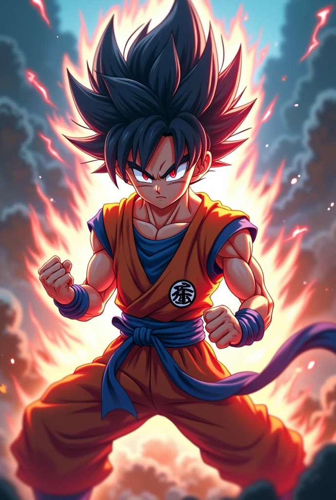 A young teenager with bright hair and glowing eyes stands shirtless in a dynamic fighting posture. His body is taut and ready, with stylized details typical of anime, such as accentuated shadows and bright flashes around him. It is surrounded by an energetic aura, and the background is slightly blurred, accentuating its intensity and movement in an electrifying fight scene. » anime style 