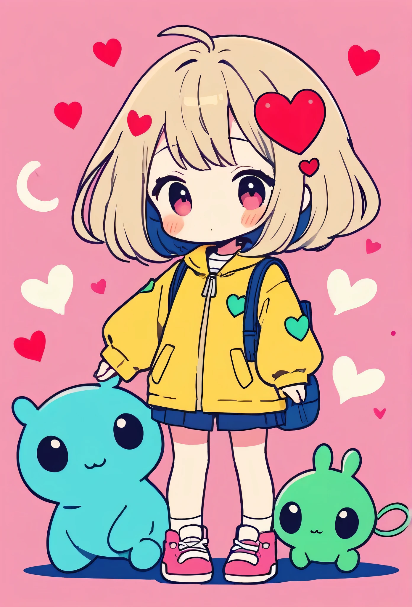 Momoko Sakura colorful style, Simple Line Initialism，Abstract art，Kawaii Design, The most beautiful girl of all time、chibi, (((Hug Cute humanoid alien))), (((Cute humanoid aliens))), colorful hearts, summer version,