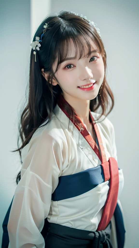 (8k, raw, masterpiece: 1.5), (professional photograph, sharp: 1.2), (natural sun light), (soft shadow), (photorealistic: 1.4), perfect dynamic composition, (((white screen background))), (1 girl), (Ultra-detailed face and skin), gorgeous face, perfectly proportioned face, dark brown eyes, round eyes, beautiful eyes, glossy eyes, high nose bridge, blush, small lips, really moist skin, white skin, (delicate skin:1.4), (latex skin:0.4), (perfect glowing skin:0.6), (((black long curly hair, bangs))), (slim body: 1.5), (huge breasts: 1), ((huge smile at the camera)), looking at camera, ((dark blue and red hanfu)),