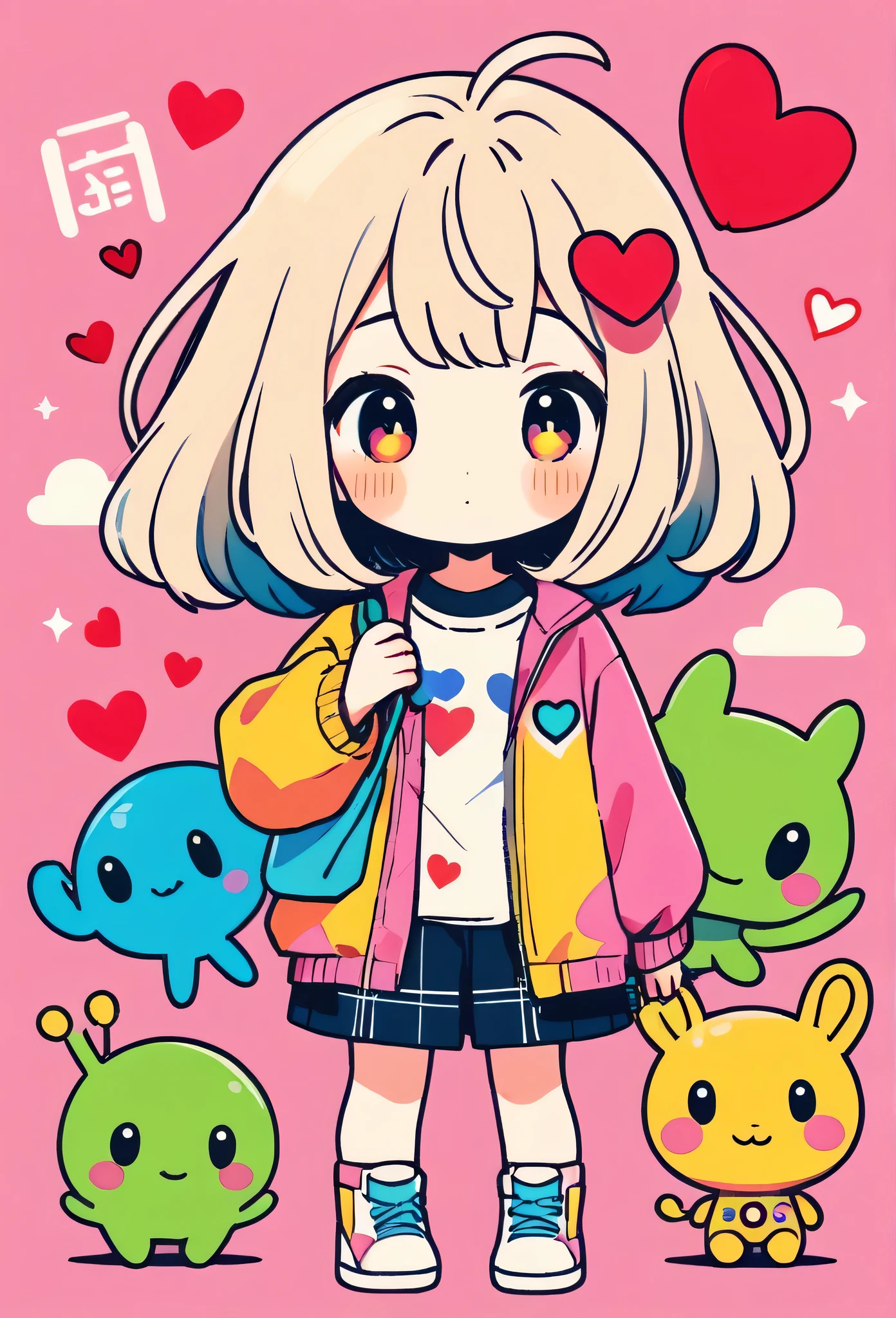 Momoko Sakura colorful style, Simple Line Initialism,Abstract art,Kawaii Design, The most beautiful girl of all time、chibi, (((Hug Cute humanoid alien))), (((Cute humanoid aliens))), colorful hearts, summer version,