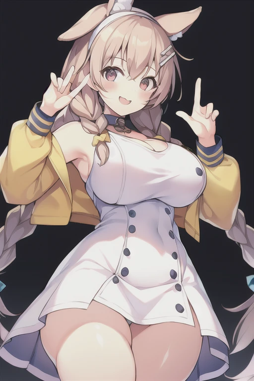 1girl, Korone, smile, dog ears, twin braids, sidelocks, hair ornament, ((white dress)), jacket, yellow jacket, jacket, open clothes, open jacket, dress, short dress, sleeveless dress, huge breasts, wide hips, thick thighs, tall, tall female, mature female, bandana, scarf, hourglass figure, standing, ((mature female)), peace sign, double peace, v, double v