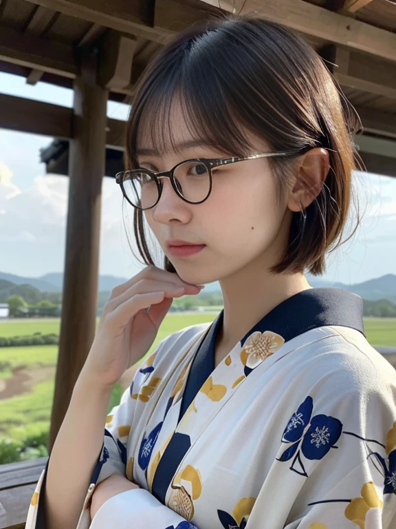 (Dressed in beautiful and colorful kimonos、Close-up portrait of a woman with short hair and blunt bangs wearing glasses:1.5)、(A woman praying with her eyes open in a rural area of Osaka:1.5)、(A shrine in Japan with a winter sky:1.5)、(Perfect Anatomy:1.3)、(No mask:1.3)、(Full Finger:1.3)、Age 35、Slightly upturned、Married Woman Style、cute、Realistic、photograph、Tabletop、Highest quality、High resolution, Delicate and beautiful、Perfect Face、Beautiful attention to detail、Fair skin、Real human skin、pores、((Thin legs))、(Brown Hair)、(zoom)