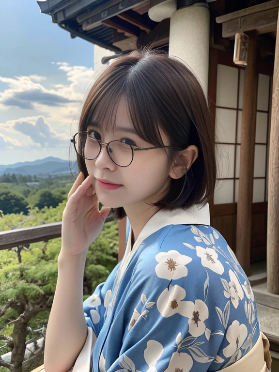 (Dressed in beautiful and colorful kimonos、Close-up portrait of a woman with short hair and blunt bangs wearing glasses:1.5)、(A woman praying with her eyes open in a rural area of Osaka:1.5)、(A shrine in Japan with a winter sky:1.5)、(Perfect Anatomy:1.3)、(No mask:1.3)、(Full Finger:1.3)、Age 35、Slightly upturned、Married Woman Style、cute、Realistic、photograph、Tabletop、Highest quality、High resolution, Delicate and beautiful、Perfect Face、Beautiful attention to detail、Fair skin、Real human skin、pores、((Thin legs))、(Brown Hair)、(zoom)