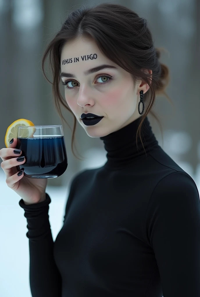 a woman with very delicate features, but at the same time austere and closed. slightly long nose, very thin lips, focus from the waist up, she is wearing a chromatic garment that covers her up to the neck. very minimalist earrings. she holds a glass with a navy blue drink and a slice of lemon. on her forehead is tattooed the words: Venus in Virgo. the very cold and gray scenery. nails and black lipstick. and eyes outlined in black