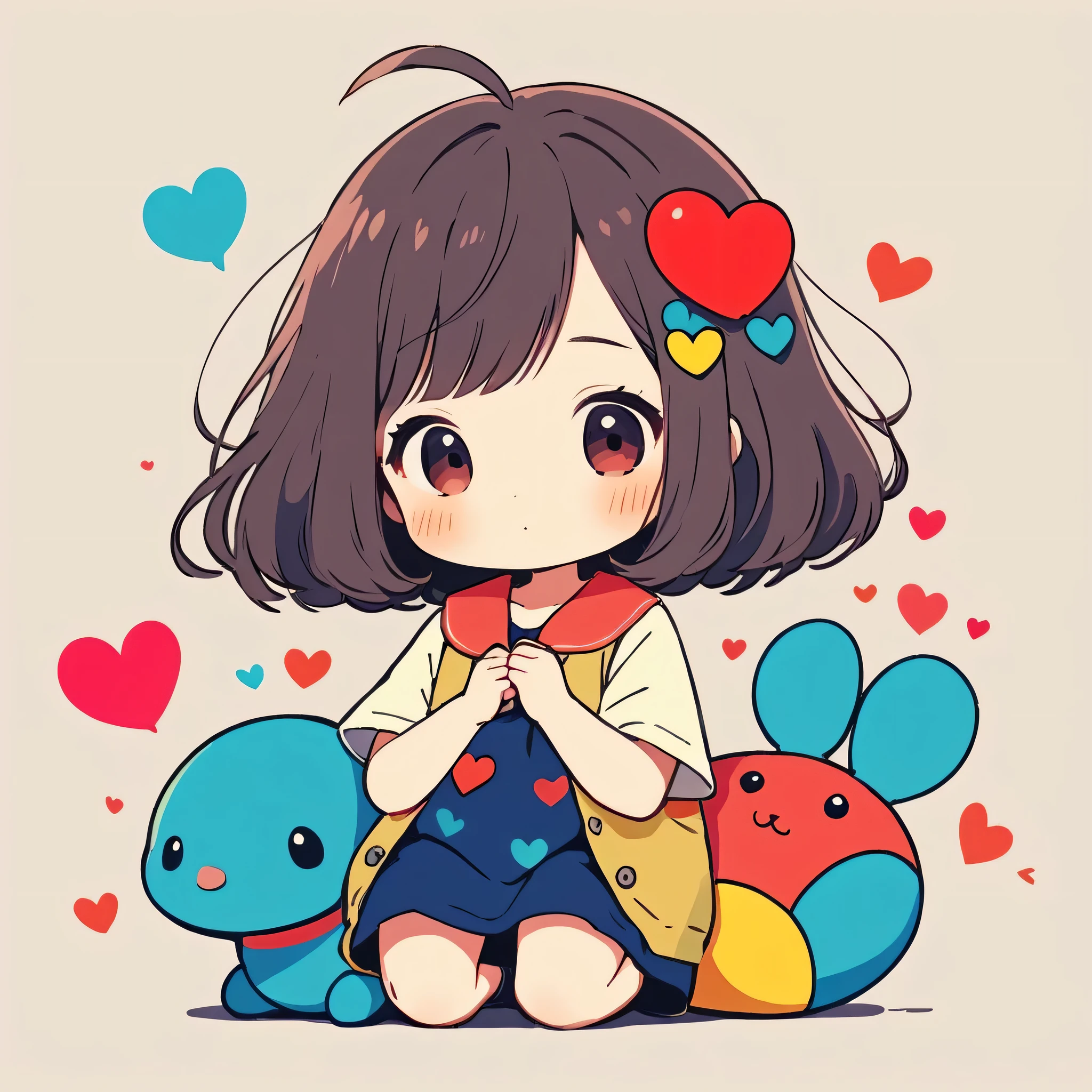Hayao Miyazaki colorful style, Simple Line Initialism,Abstract art,Kawaii Design, The most beautiful girl of all time、chibi, hug, (((Cute pillbugs))), colorful hearts, summer version