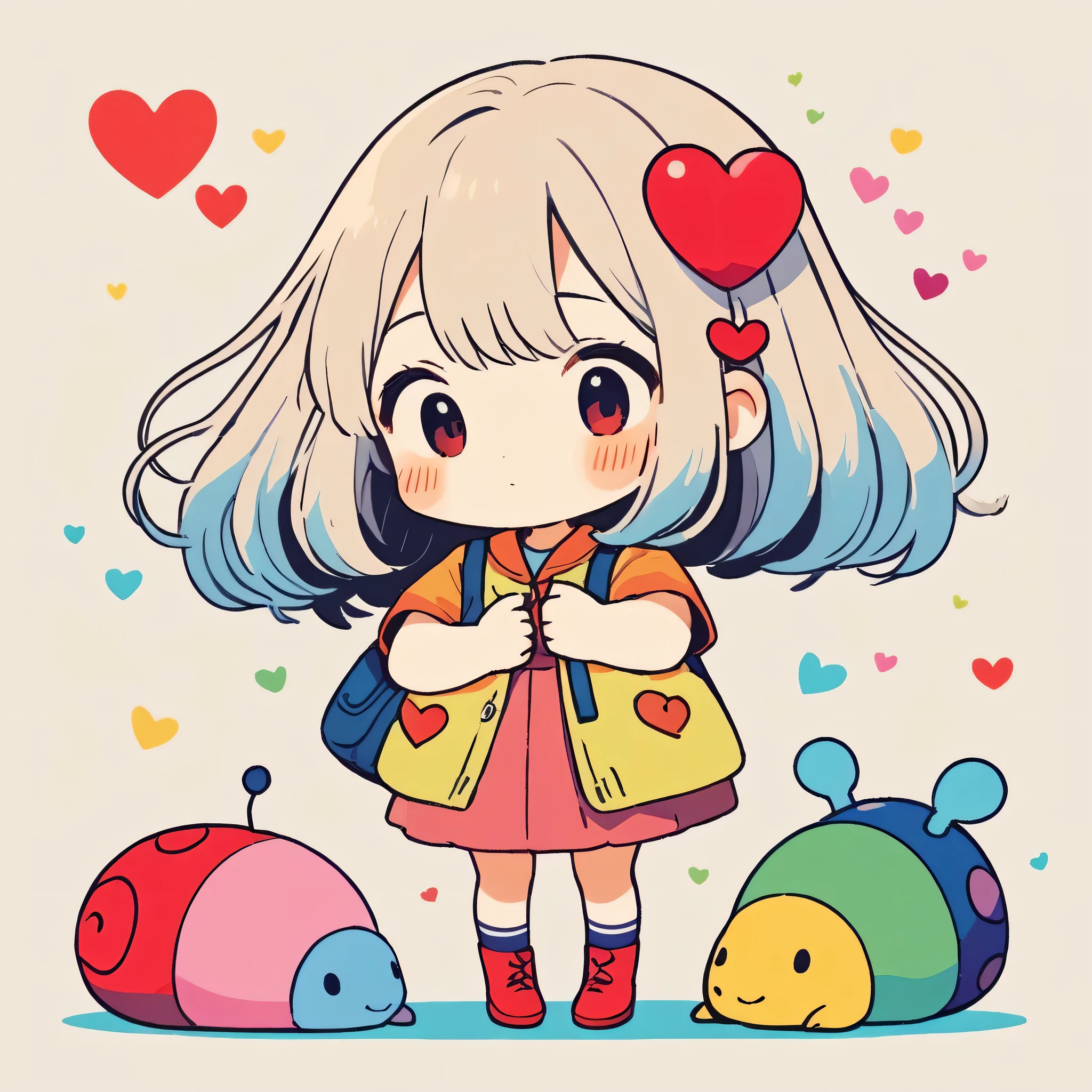 Hayao Miyazaki colorful style, Simple Line Initialism,Abstract art,Kawaii Design, The most beautiful girl of all time、chibi, hug, (((Cute pillbugs))), colorful hearts, summer version